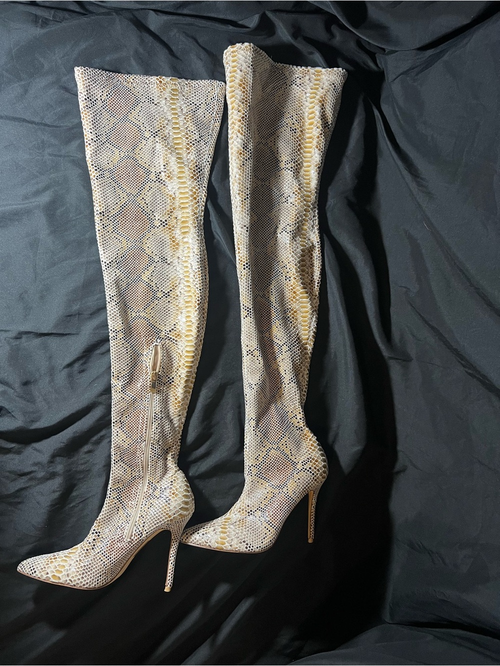 FashionNova Over-the-Knee Snake-Print Stiletto Boots in Beige